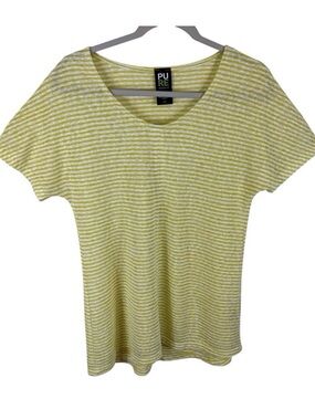 Pure Essence Yellow White Striped Short Sleeve‎ Lightweight Round Neck Blouse S